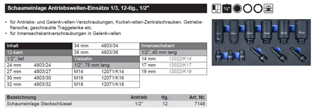 Condor Schaumeinlage Antriebswellen-Einsätze 1/3, 12-tlg., 1/2"